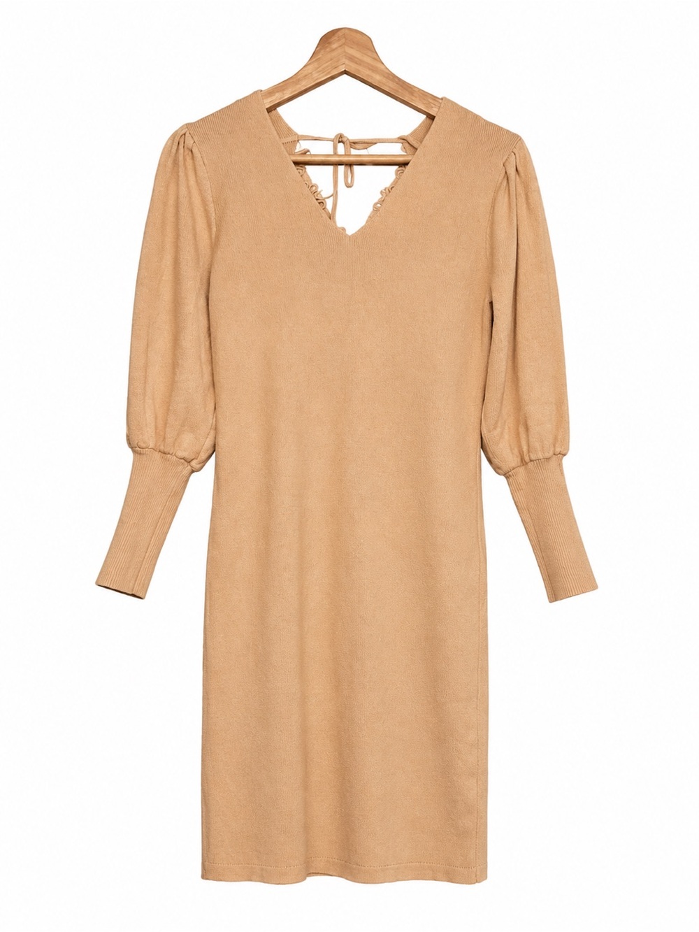 BTFBM Quiet Luxury Feminine Office Chic Camel Knit Sweater Dress Lace Back - Picture 2 of 10